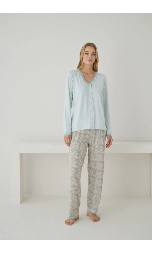 Pijamoni Kadın Önden Düğmeli Dantel Yaka Ring Viskon Su Yeşili Pijama Takımı