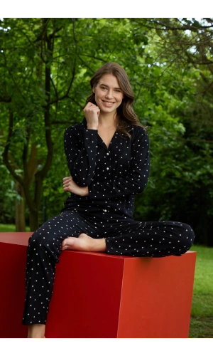 PİJAMONİ Kadın Önden Düğmeli Uzun Kollu Yıldız Desenli Pijama Takımı