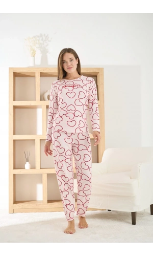 Pijamoni Kadın Petek Kumaş Kalp Desenli Bisiklet Yaka Pijama Takımı - 8915