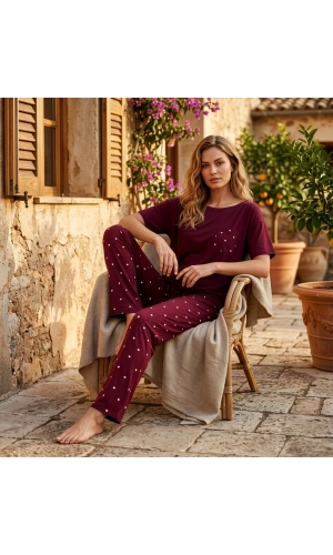 Pijamoni Milan Kumaş Bisiklet Yaka Kısa Kollu Kadın Uzun Pijama Takımı