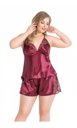 Primoda Kadın Büyük Beden Dantel Detaylı Bordo Saten Babydoll Şort Takımı