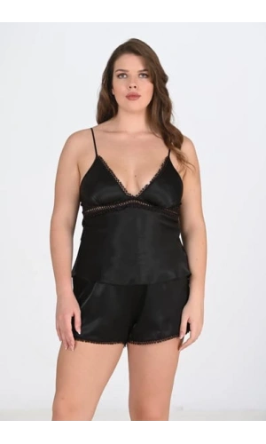 Primoda Siyah Büyük Beden Dantel Detaylı Şort Takımı