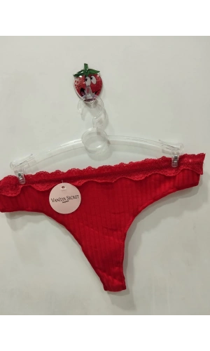 VANİLYA SECRET Dantel Bel Detaylı Fitilli Tanga Külot - Kırmızı