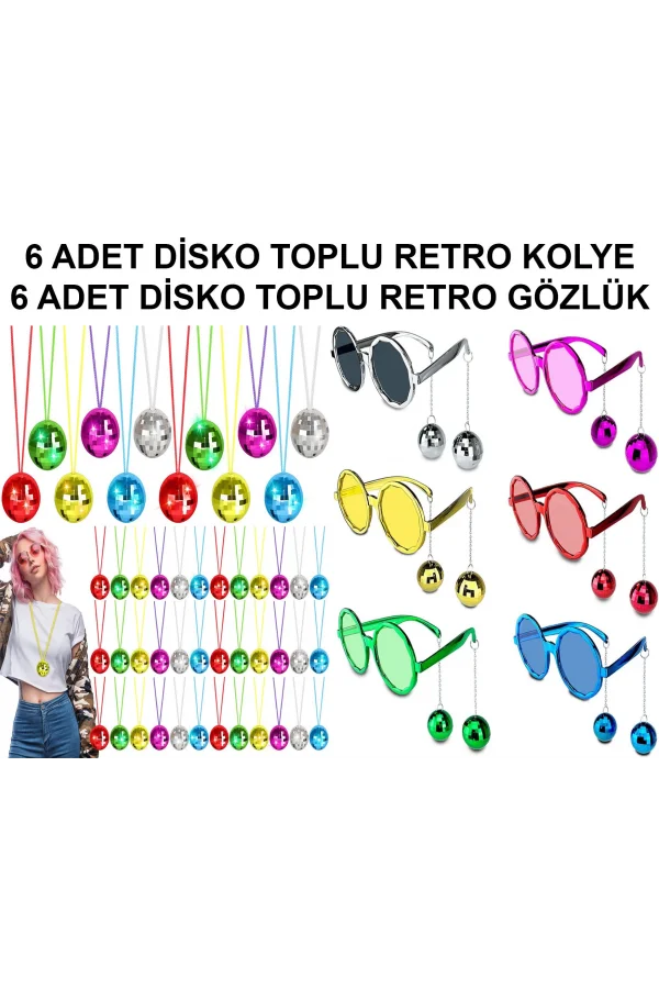 12 Parça Renkli Disko Toplu Retro Parti Seti – 6 Kolye + 6 Gözlük