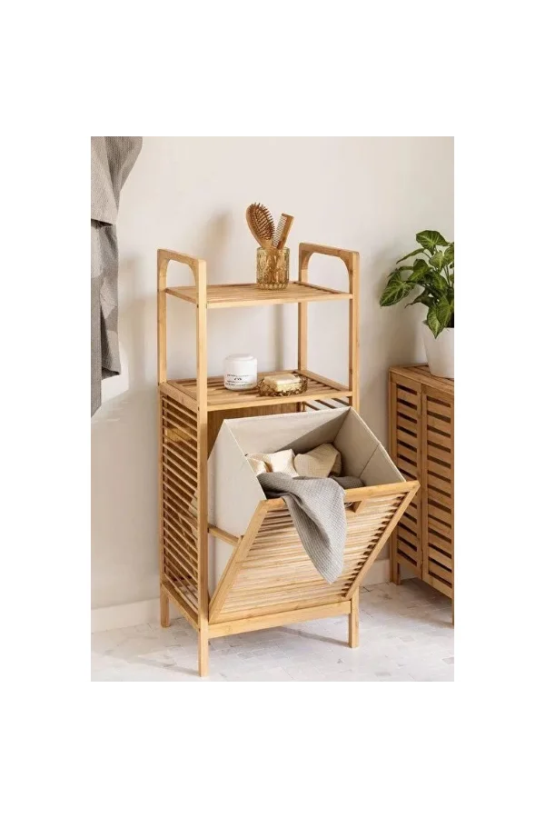 2 Organizer Raflı Ahşap Bambu Çek-Aç Kirli Sepeti