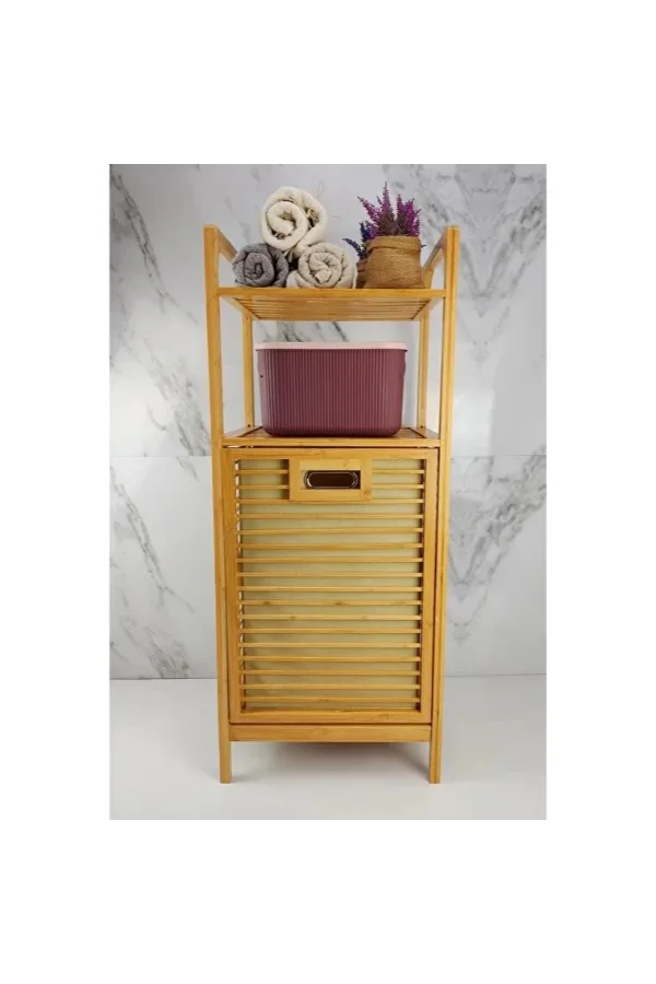 2 Organizer Raflı Ahşap Bambu Çek-Aç Kirli Sepeti