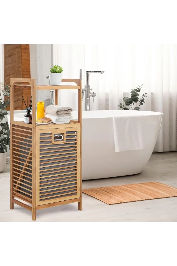 2 Organizer Raflı Ahşap Bambu Çek-Aç Kirli Sepeti