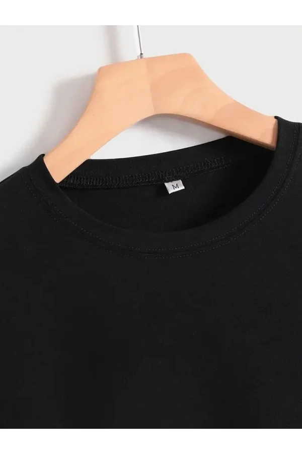 20/1 Penye Compack Baskılı Oversize Kısa Kol Bisiklet Yaka T-shirt - Siyah
