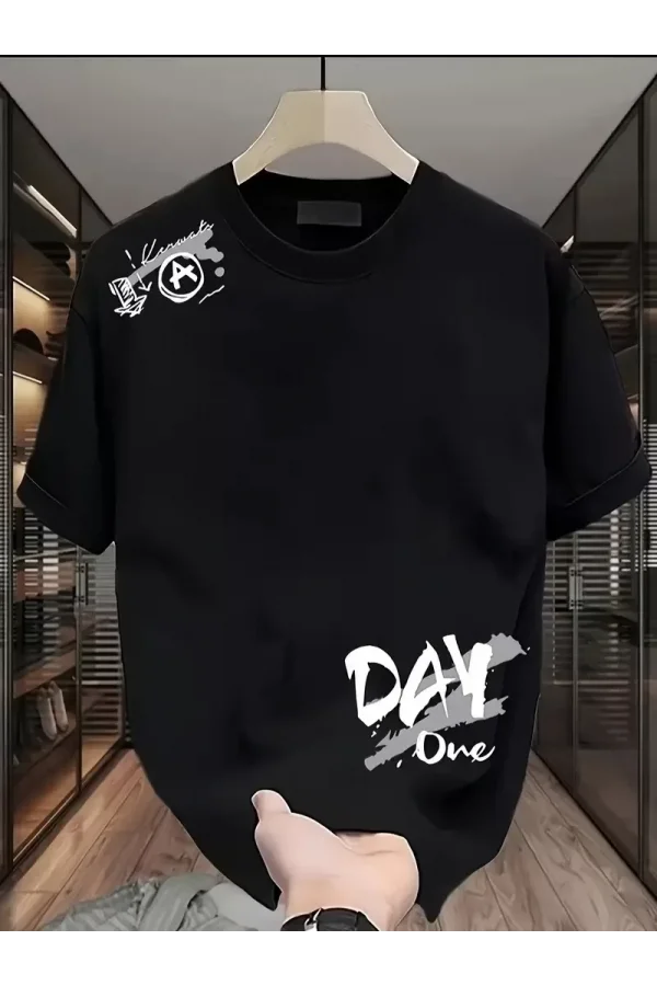 20/1 Penye Compack Day One Baskılı Oversize Bisiklet Yaka T-shirt - Siyah