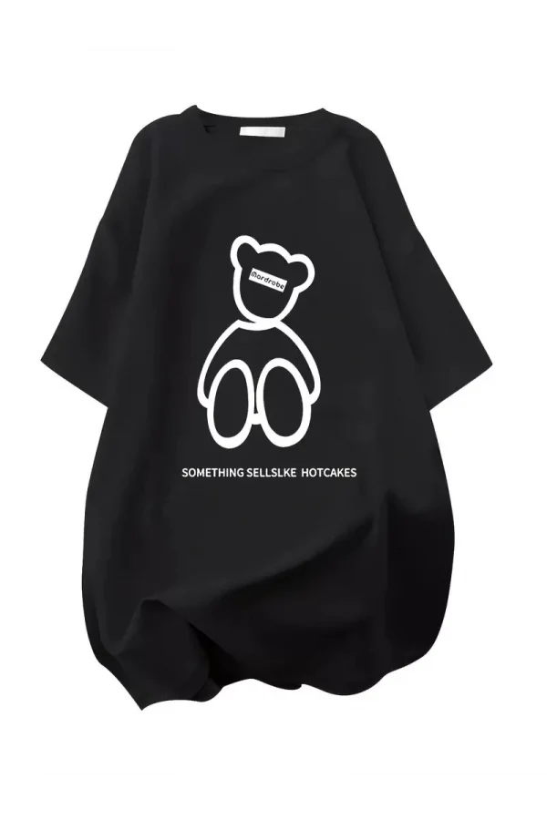 20/1 Penye Compack Ön Arka Baskılı Oversize Bisiklet Yaka T-shirt - Siyah