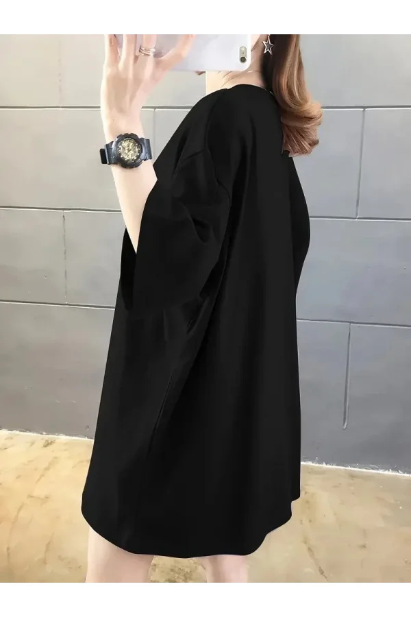 20/1 Penye Compack Ön Arka Baskılı Oversize Bisiklet Yaka T-shirt - Siyah