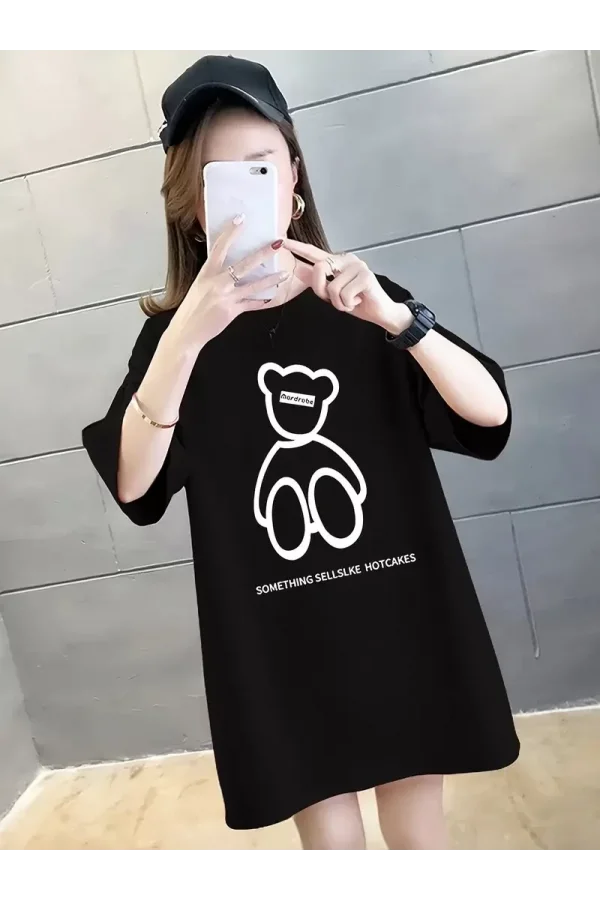 20/1 Penye Compack Ön Arka Baskılı Oversize Bisiklet Yaka T-shirt - Siyah