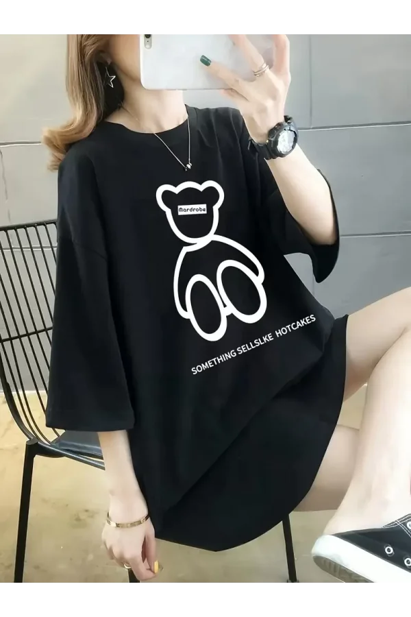 20/1 Penye Compack Ön Arka Baskılı Oversize Bisiklet Yaka T-shirt - Siyah