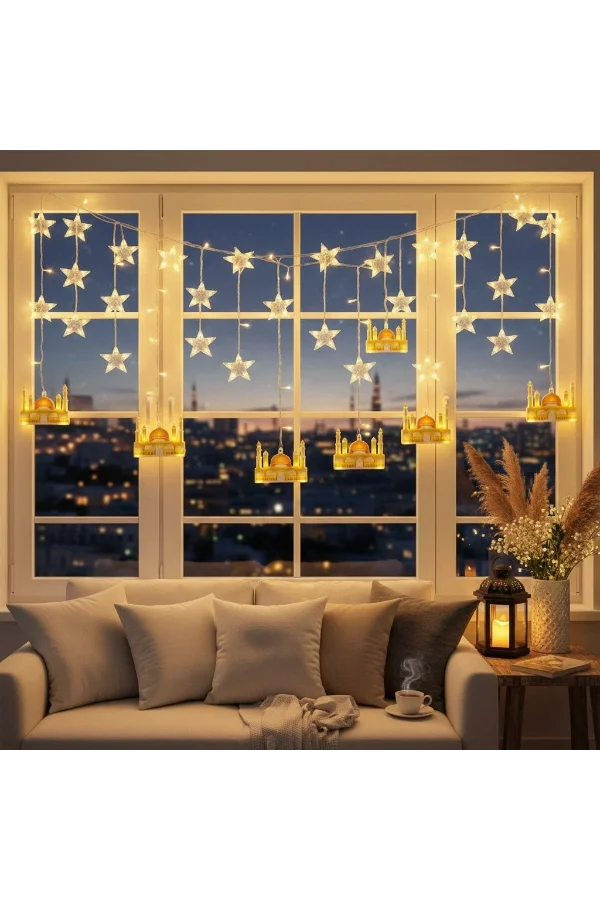 3 mt Fişli Sarı Cami Yıldız Ramazan Perde LED