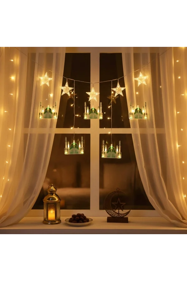 3 mt Fişli Yeşil Cami Yıldız Ramazan Perde LED