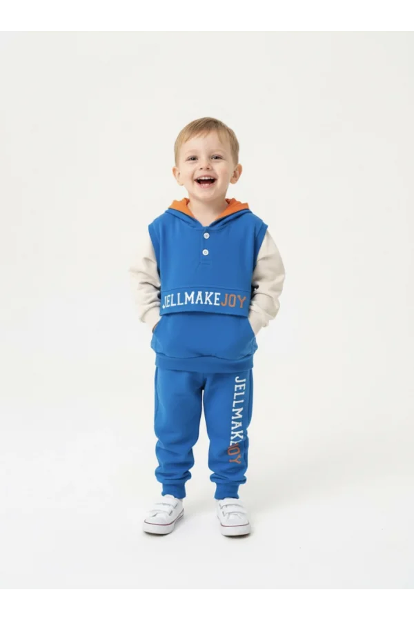 Çocuk Mavi -Bej Kapüşonlu Sweatahirt ve Eşofman Takımı