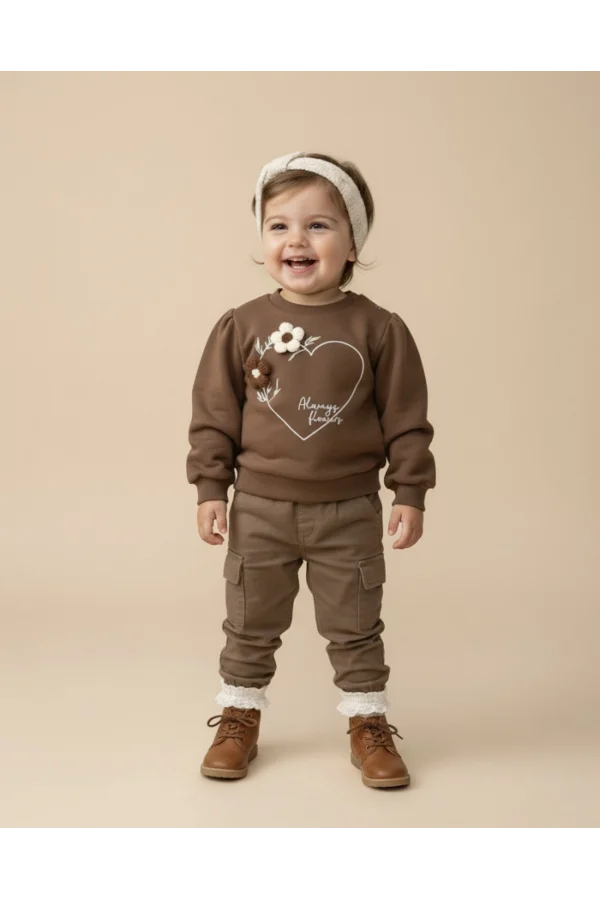 Kız Çocuk Kahverengi/Krem Çiçek Aplikeli Takım