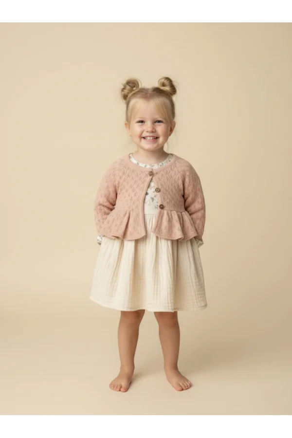 Fırfırlı Örgü Hırka ve Müslin Elbise Kombini Kız Çocuk Takımı