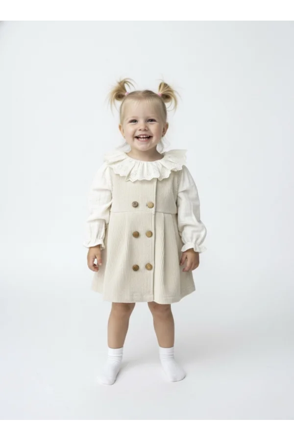 Bej Fitilli Kadife Düğmeli Jile Elbise