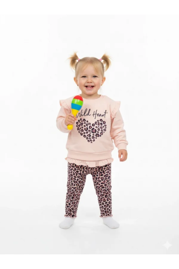 Fırfır Detaylı Kalp Baskılı Kız Çocuk Sweatshirt takım