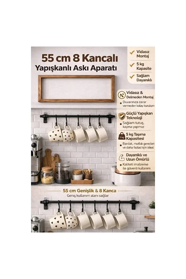 8 Kancalı Yapışkanlı Askı Aparatı