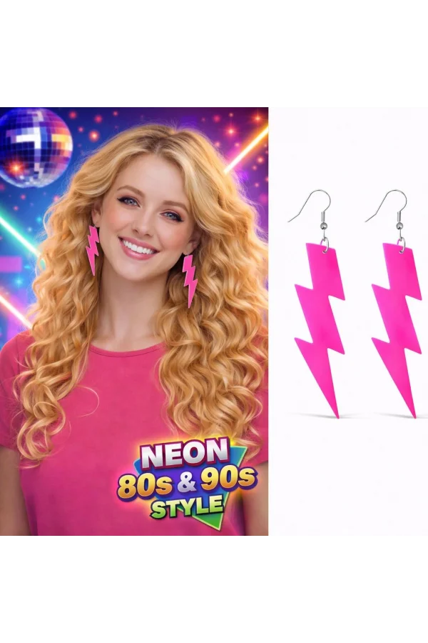 80’ler 90lar Retro Neon Pembe Şimşek Küpe 10 cm
