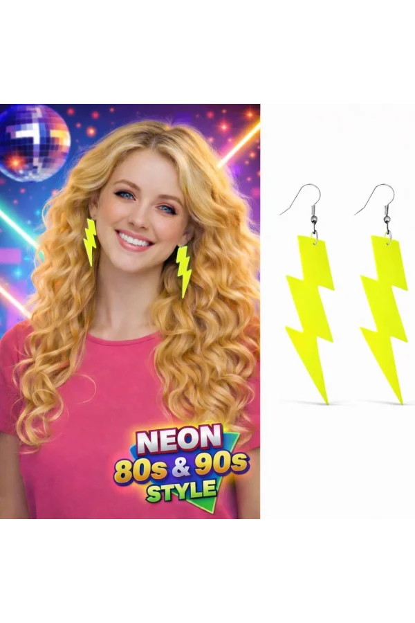 80’ler 90lar Retro Neon Sarı Şimşek Küpe 10 cm