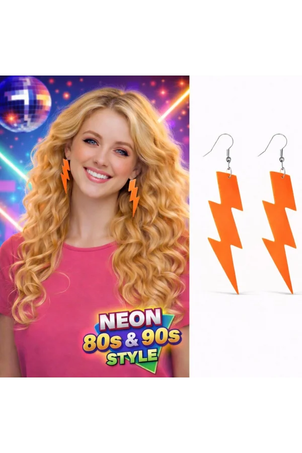 80’ler 90lar Retro Neon Turuncu Şimşek Küpe 10 cm