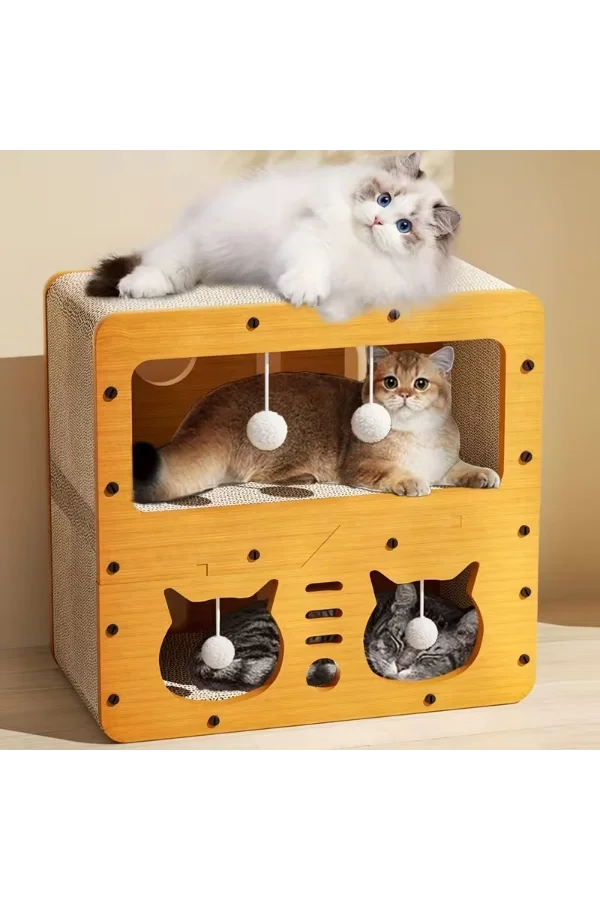 Ahşap İki Katlı Tırmalamalı Kedi Oyun Evi