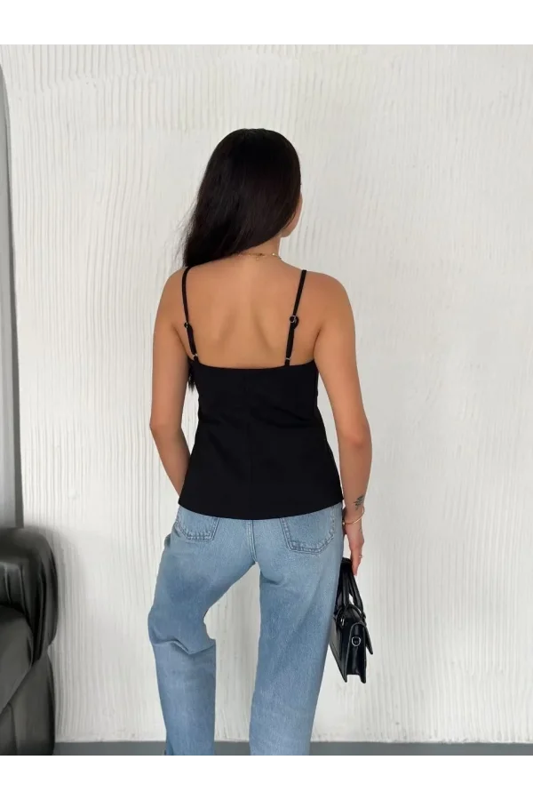 Askılı Dekolte deraylı bluz crop - Siyah