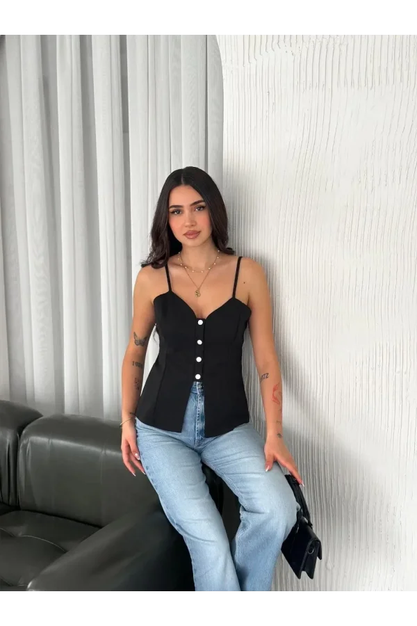 Askılı Dekolte deraylı bluz crop - Siyah