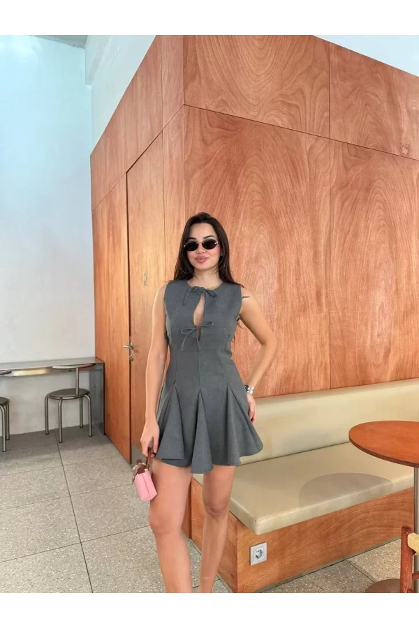 Bağcık detaylı Kolsuz Mini Elbise - Antrasit
