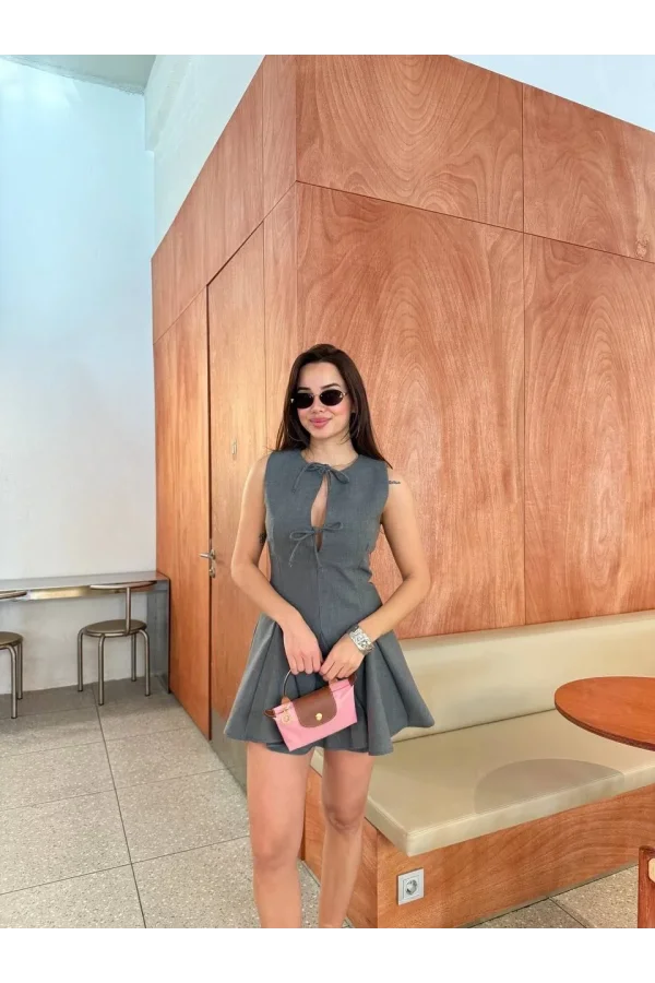 Bağcık detaylı Kolsuz Mini Elbise - Antrasit