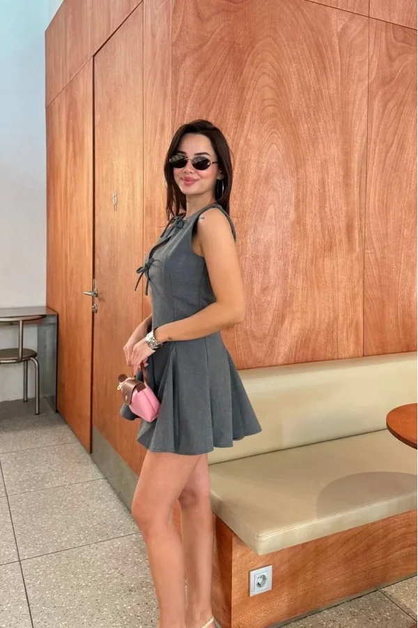 Bağcık detaylı Kolsuz Mini Elbise - Antrasit