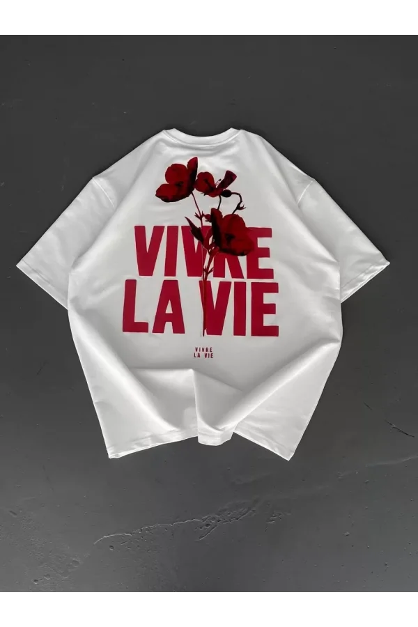 Baskılı Oversize Bisiklet Yaka T-shirt - Beyaz