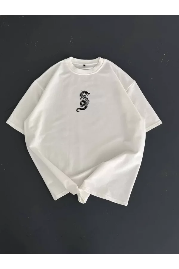 Baskılı Oversize Bisiklet Yaka T-shirt - Beyaz