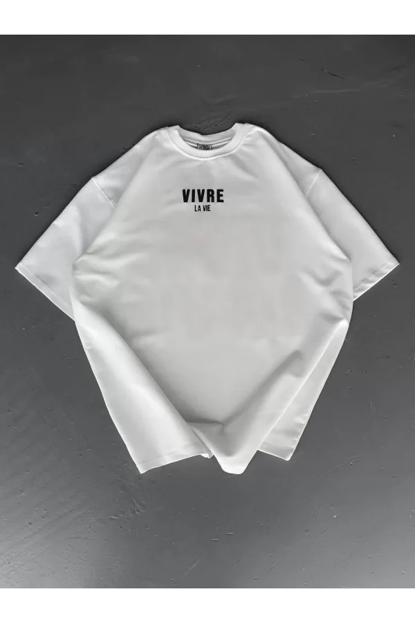 Baskılı Oversize Bisiklet Yaka T-shirt - Beyaz