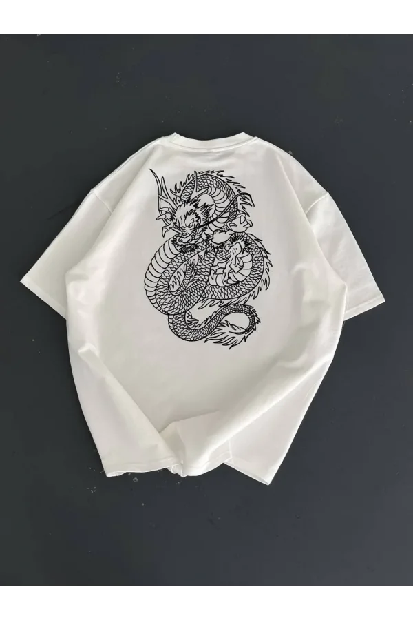 Baskılı Oversize Bisiklet Yaka T-shirt - Beyaz
