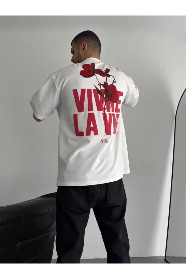 Baskılı Oversize Bisiklet Yaka T-shirt - Beyaz