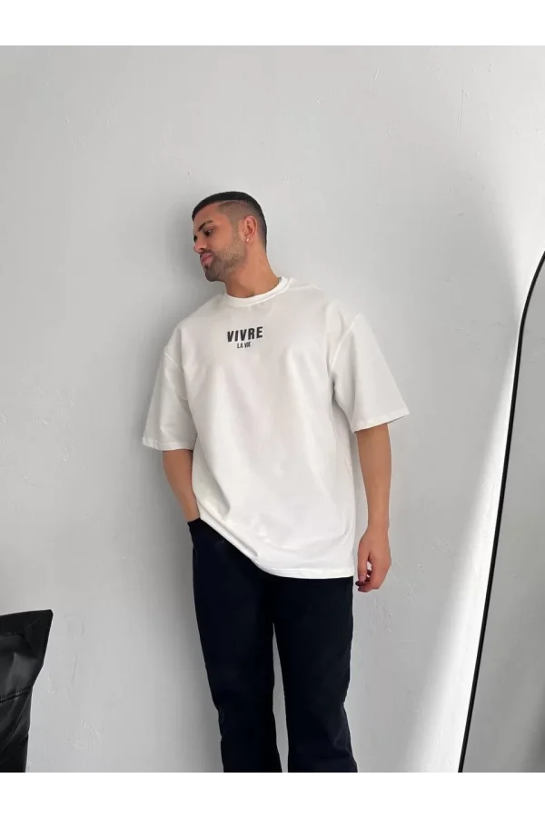 Baskılı Oversize Bisiklet Yaka T-shirt - Beyaz