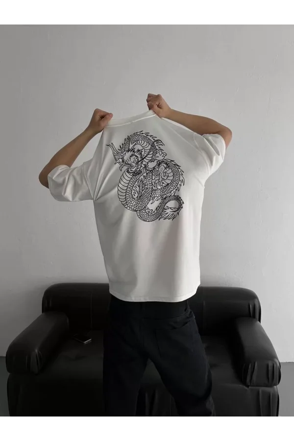 Baskılı Oversize Bisiklet Yaka T-shirt - Beyaz