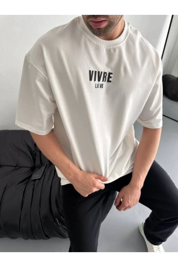 Baskılı Oversize Bisiklet Yaka T-shirt - Beyaz