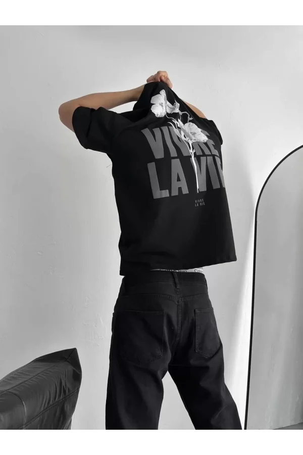 Baskılı Oversize Bisiklet Yaka T-shirt - Siyah