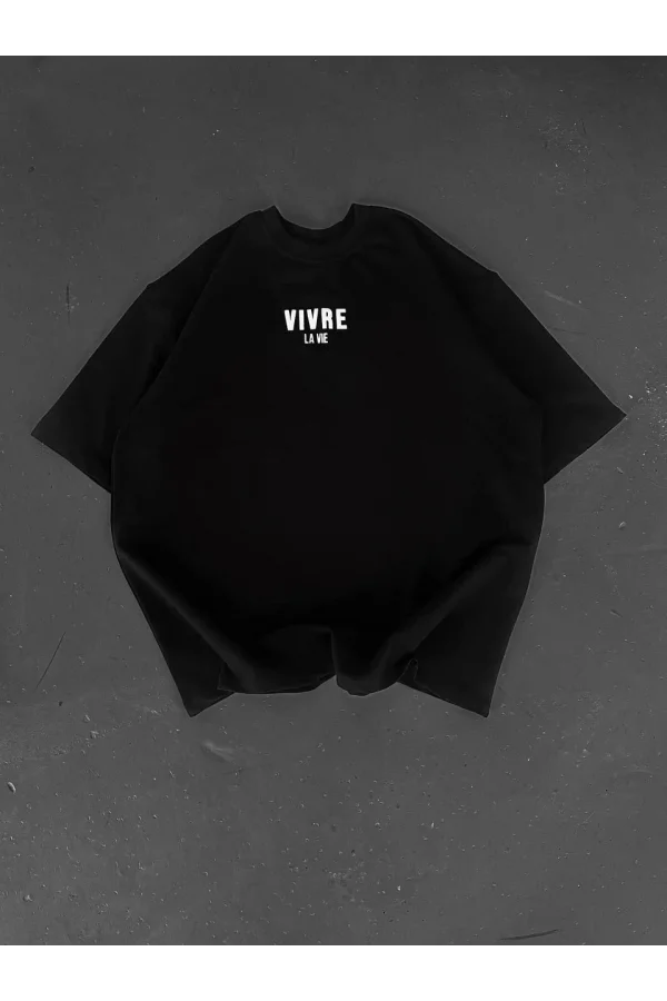 Baskılı Oversize Bisiklet Yaka T-shirt - Siyah