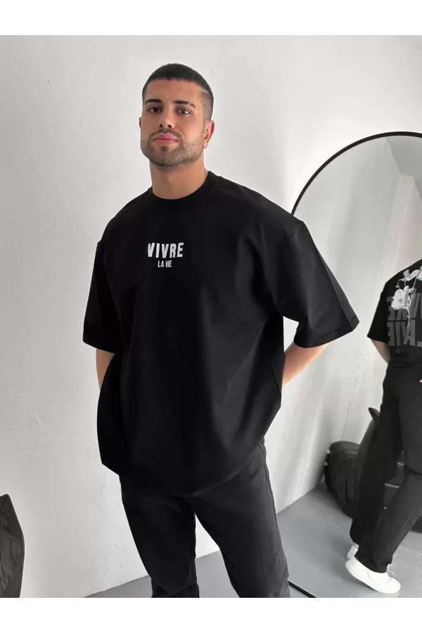 Baskılı Oversize Bisiklet Yaka T-shirt - Siyah