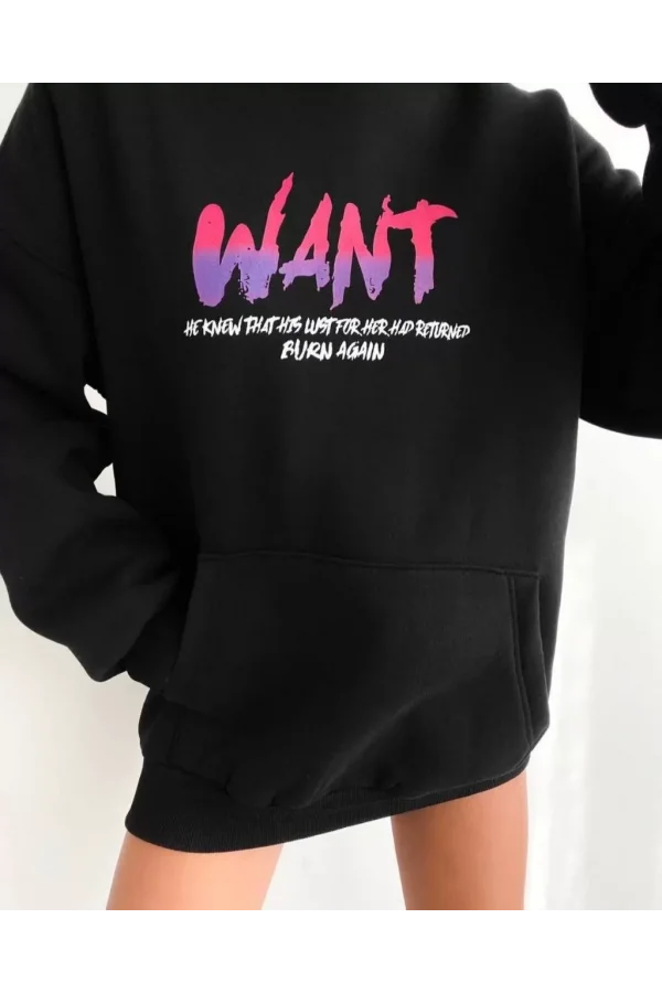 Baskılı Üç İplik Kapüşonlu Oversize Sweatshirt - Siyah