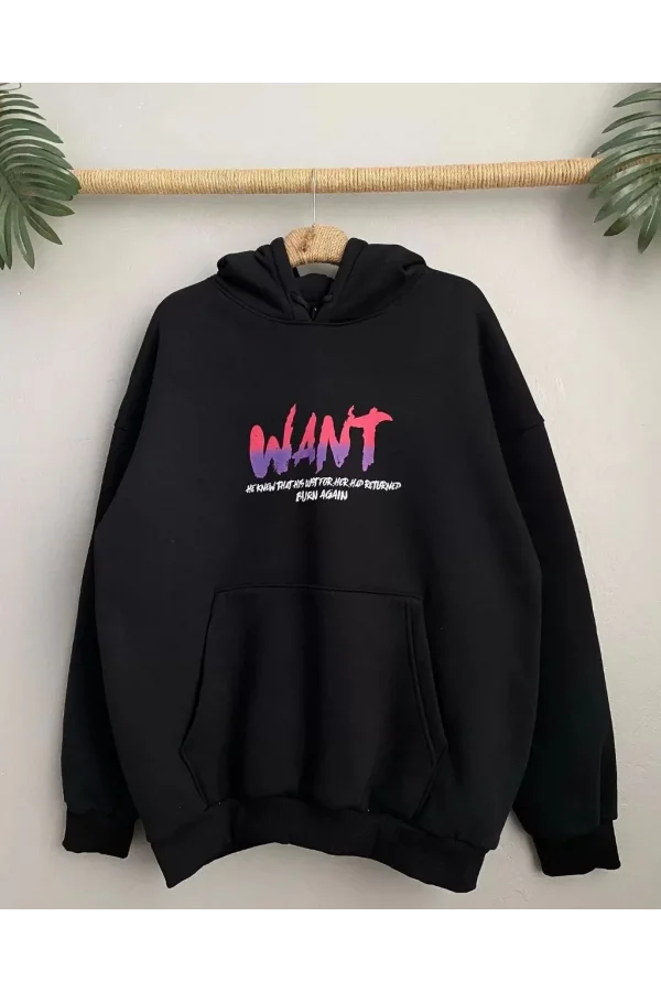 Baskılı Üç İplik Kapüşonlu Oversize Sweatshirt - Siyah