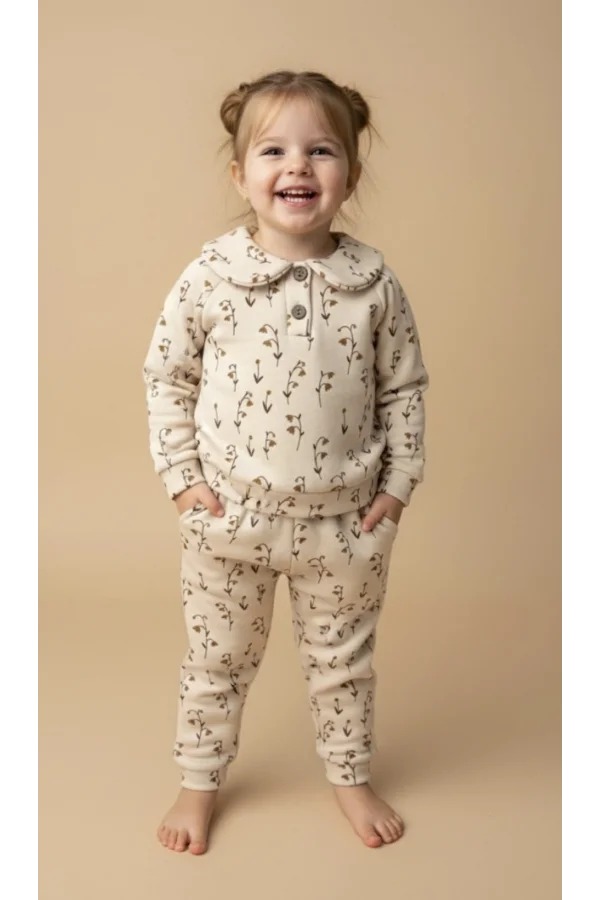 Bej Çiçek Baskılı Bebek Yaka Eşofman Takımı