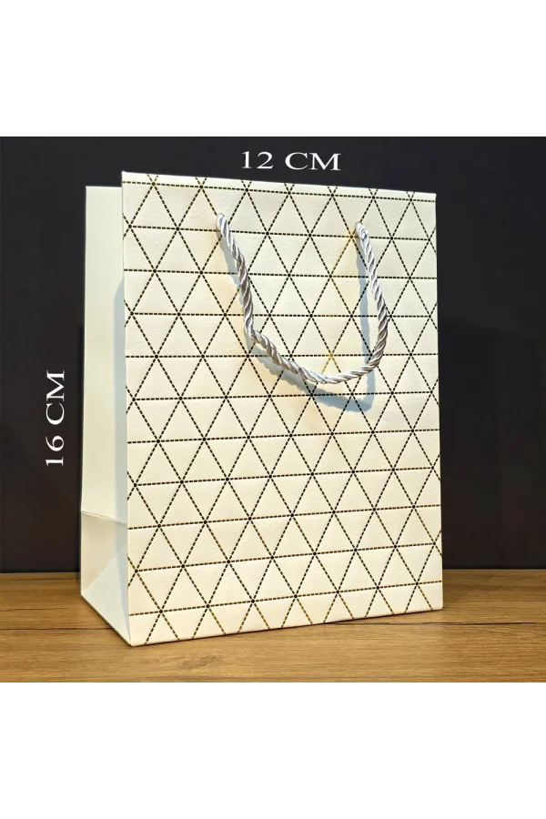 Beyaz Geometrik Desenli Mini Boy Karton Hediye Çantası