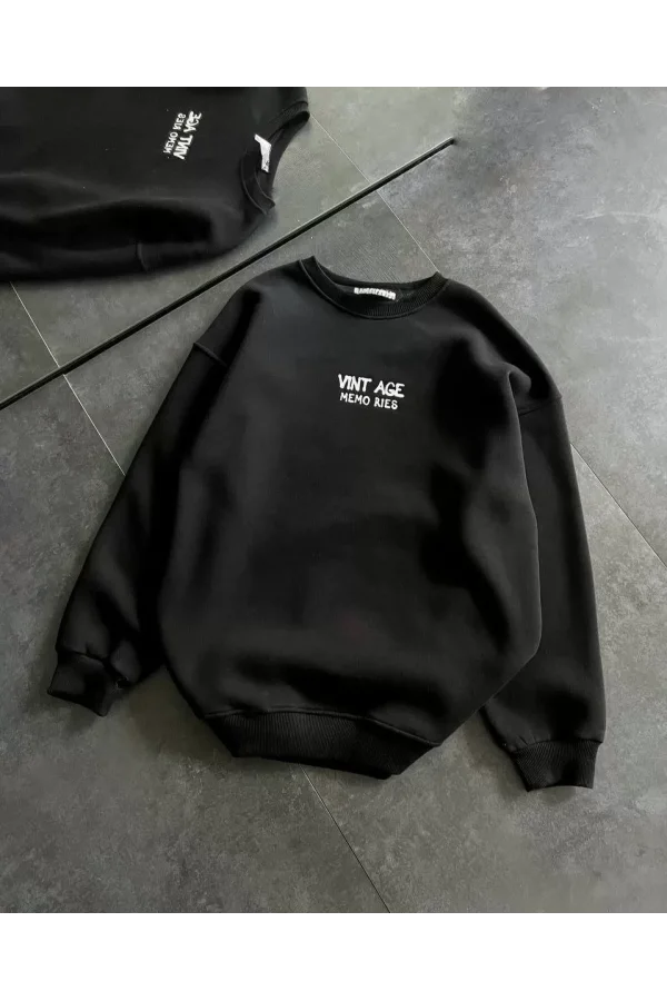 Bisiklet Yaka Üç İplik Baskılı Oversize SweatShirt - Siyah